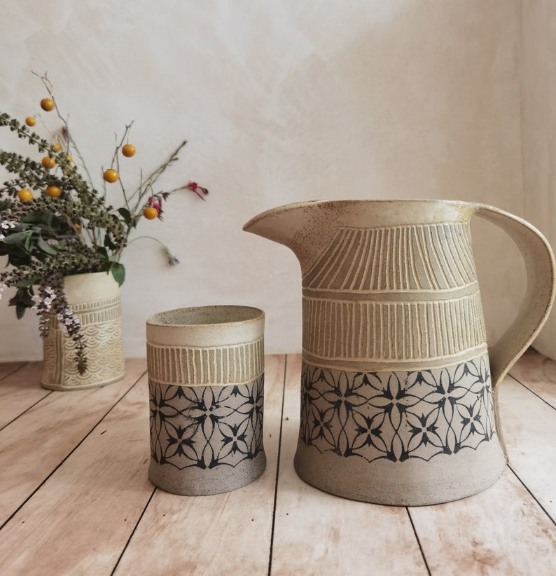 SET of TWO Tumblers & ONE Ceramic pitcher, Ceramic Drinkware, Handmade pottery pitcher, Water Pitcher, Stoneware Pitcher, Gift Idea image 5