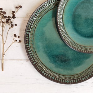 Ceramic serving dish set, Modern Dinner Plates and Soup Bowl, Engraving with Turquoise glaze, Rustic Handmade Pottery, SET OF 3