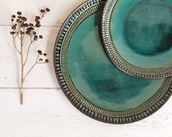 Ceramic serving dish set, Modern Dinner Plates and Soup Bowl, Engraving with Turquoise glaze, Rustic Handmade Pottery, SET OF 3