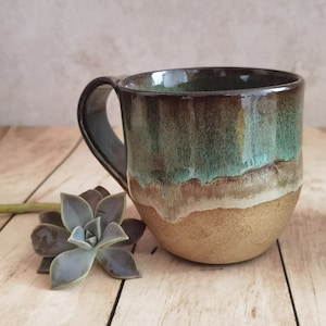 Beige and Turquoise Ceramic mug, Handmade Pottery, Mug with an Handle, Mug For coffee lovers