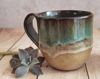 Beige and Turquoise Ceramic mug, Handmade Pottery, Mug with an Handle, Mug For coffee lovers