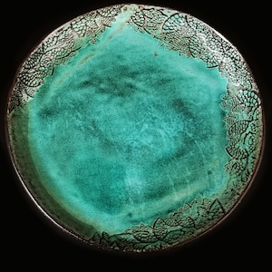Ceramic serving dish set, Pottery serving dish, Handmade plate set, Turquoise Plates with Leaf Decorations Pattern