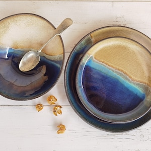 Ceramic serving dish set, Modern Ceramic Dinnerware Set, Beige and Blue Ceramic set, Rustic Handmade Pottery