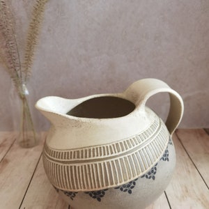 Light Brown Ceramic Pitcher with hand Engraved Decoration and Black Ceramic prints Ceramic Drinkware Pottery Pitcher image 2