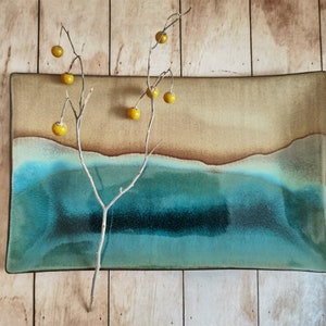 Handmade Rectangular Ceramic Serving Tray: Beige & Turquoise Pottery Dish