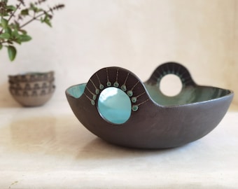 Ceramic Serving Bowl | Wide Serving Dish with Handles | Decorated with engravings | Free-Hand Painted | Turquoise Glaze