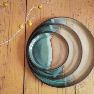 Set of 2 Beige and Turquoise Ceramic Plates ,Beige and Turquoise Plates, Handmade plate, Round Plater image 5