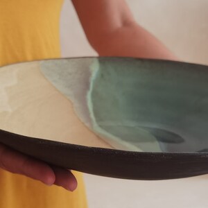 Large Wide Ceramic Bowl ,Large serving dish, Modern ceramic bowl, Beige and turquoise Glaze image 7