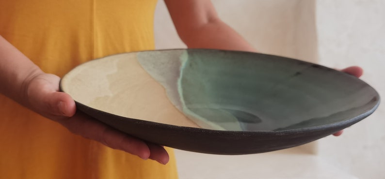 Large Wide Ceramic Bowl ,Large serving dish, Modern ceramic bowl, Beige and turquoise Glaze image 7