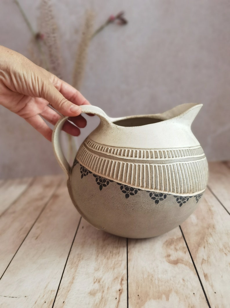 Light Brown Ceramic Pitcher with hand Engraved Decoration and Black Ceramic prints Ceramic Drinkware Pottery Pitcher image 4