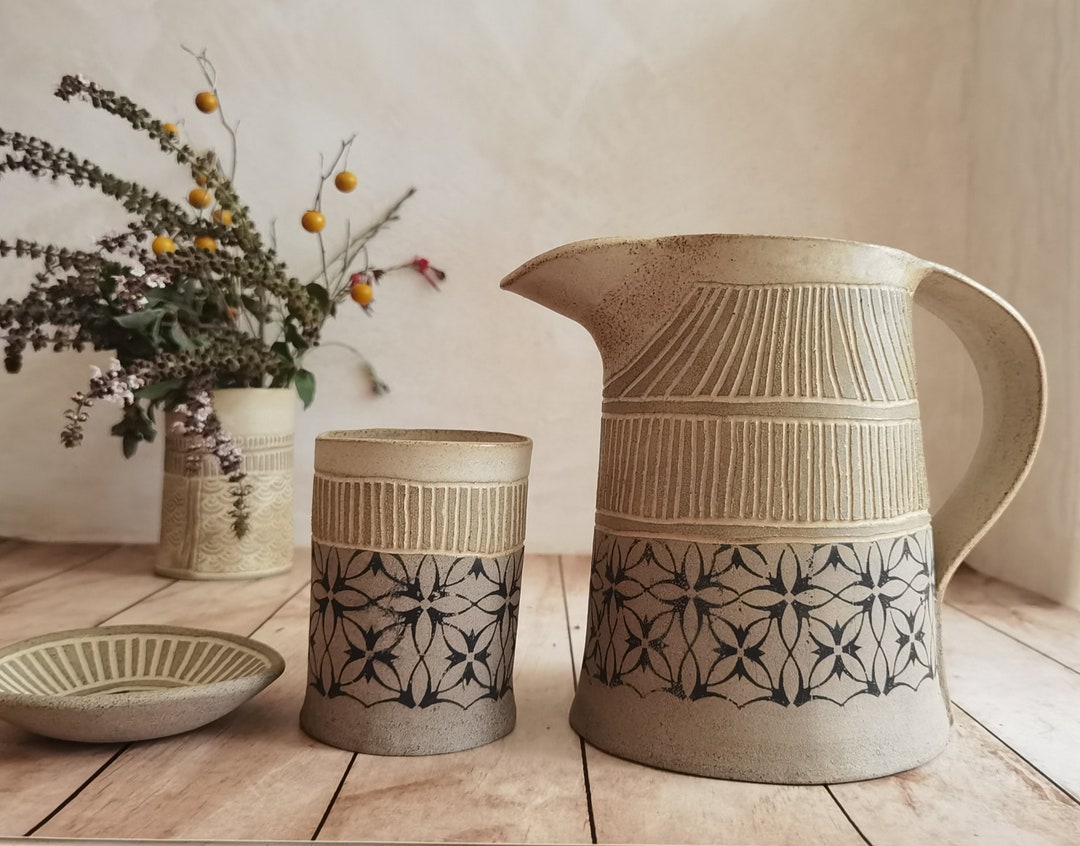 Handmade Ceramic Pitcher & Tumblers Set: Rustic Stoneware Drinkware - Etsy