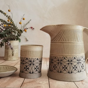 Set of two Tumblers & one Ceramic pitcher, Ceramic Drinkware, Handmade pottery pitcher, Water Pitcher, Stoneware Pitcher