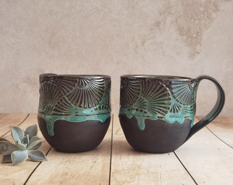 TWO Ceramic mugs, Mugs For Tea lovers, Minimalist mugs, Pottery cup, Handmade Pottery, Black & Turquoise Ceramic mugs