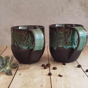 READY TO SHIP, two Ceramic mugs, Mugs For Tea lovers, Minimalist mugs, Pottery cup, Handmade Pottery, Black & Turquoise Ceramic mugs