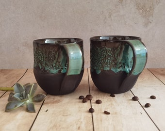 TWO Ceramic mugs, Mugs For Tea lovers, Minimalist mugs, Pottery cup, Handmade Pottery, Black & Turquoise Ceramic mugs