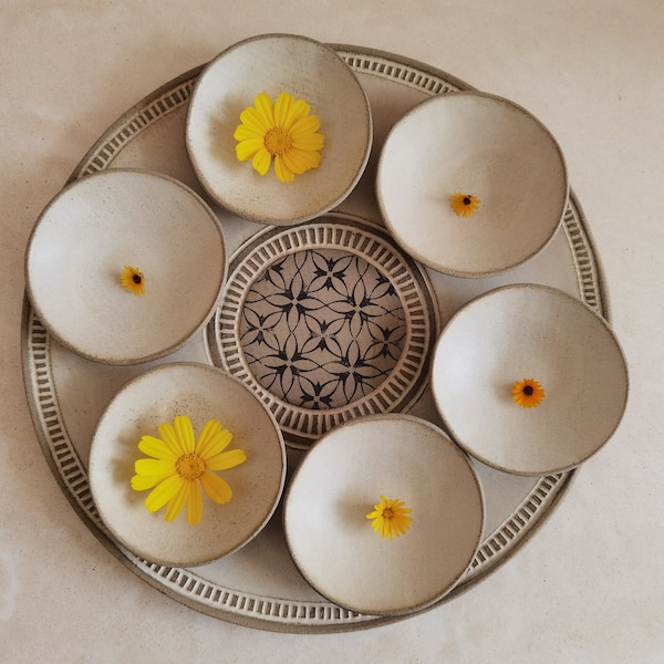 Passover Plate with 6 Small plates ,Beige glazed with black prints.