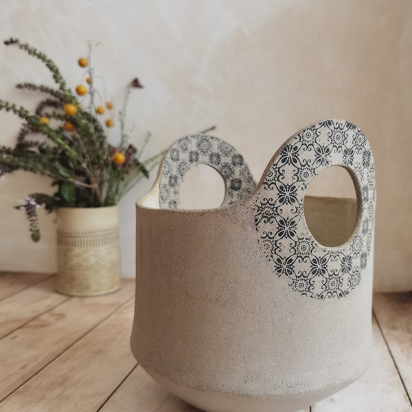 Ceramic flower Vase, with handmade print Decoration, Pottery Vase with Handles, Gift for Mom