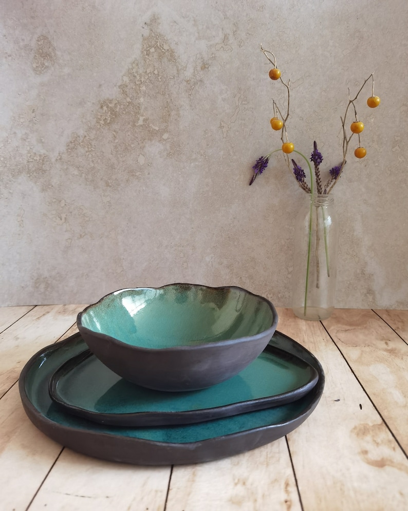 Ceramic serving dish set, Modern Ceramic Dinnerware Set, Black and Turquoise Ceramic set image 1