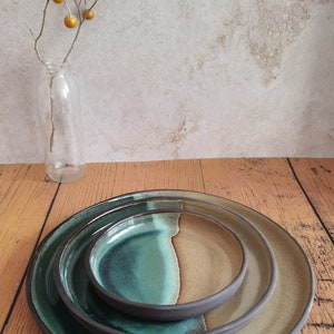 Set of 2 Beige and Turquoise Ceramic Plates ,Beige and Turquoise Plates, Handmade plate, Round Plater image 4