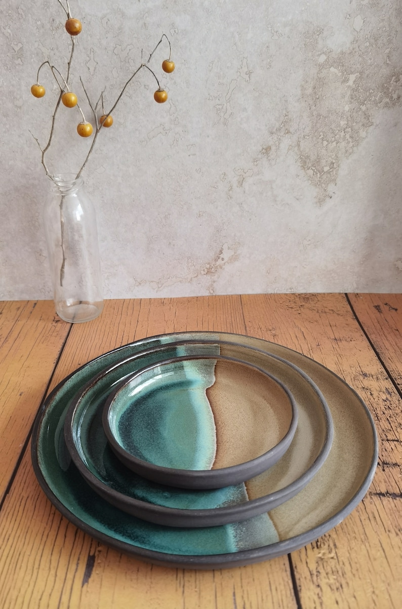 Set of 2 Beige and Turquoise Ceramic Plates ,Beige and Turquoise Plates, Handmade plate, Round Plater image 4