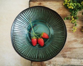 Set of 2 Ceramic Turquoise  Bowls | Pottery Cereal Bowl with Line Engraved Decorations | Dipping Bowl | Snack Serving Dish