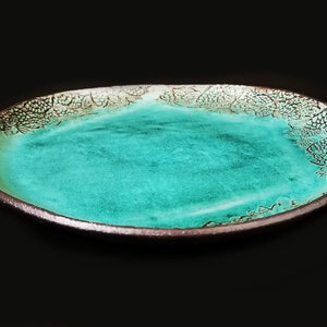 Set of 2 Turquoise Ceramic Flat Plates | Turquoise Plates with Leaf Decorations Pattern