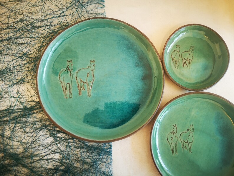 Turquoise Plates with Engraved Horse Decorations, Ceramic serving dish set, Pottery serving dish, Handmade plate set