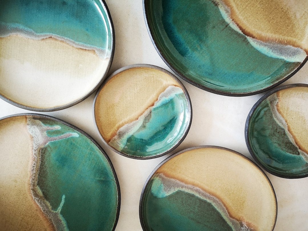 Ceramic Kitchenware , Beige and Turquoise Ceramic Plates , Handmade plate, Round Plater - small+medium+large