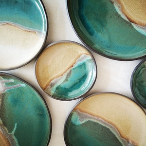 Ceramic Kitchenware , Beige and Turquoise Ceramic Plates , Handmade plate, Round Plater