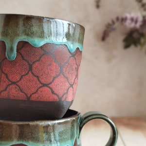 Set of TWO Ceramic mugs, Turquoise & Red Mugs For Tea lovers, Vintage mugs, Pottery cups, Handmade Pottery with an Handle, Gift for Mom image 5