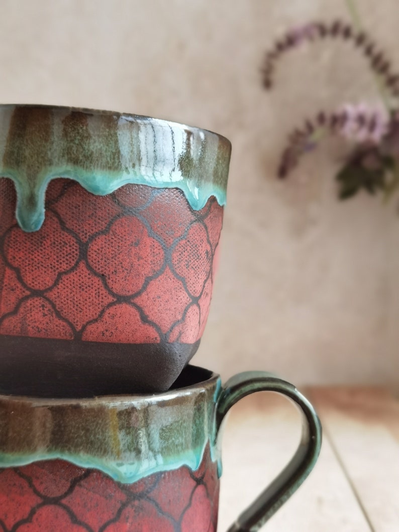 Set of TWO Ceramic mugs, Turquoise & Red Mugs For Tea lovers, Vintage mugs, Pottery cups, Handmade Pottery with an Handle, Gift for Mom image 5