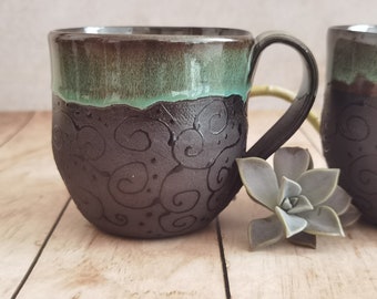 TWO Ceramic mugs, Mugs For Tea lovers, Minimalist mugs, Pottery cup, Handmade Pottery, mugs with an Handle, Black & Turquoise Ceramic mugs