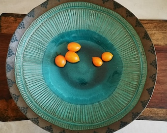 Large Wide Ceramic Bowl ,Large Bowl with handmade print Decorations and Covered with turquoise Glaze , Large Serving Bowl