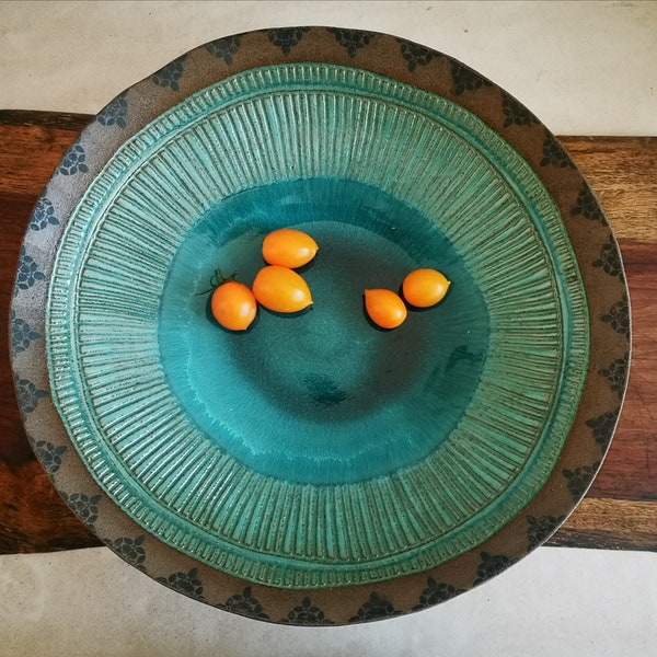 Large Wide Ceramic Bowl ,Large Bowl with handmade print Decorations and Covered with turquoise Glaze , Large Serving Bowl