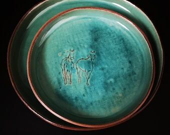 Set of 2 Turquoise Ceramic Plates | Turquoise Plates with Engraved Horse Decorations