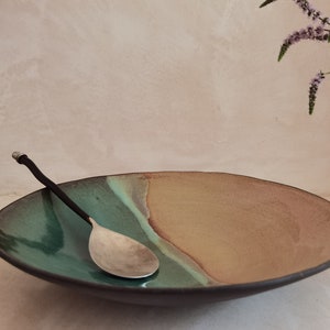 Large Wide Ceramic Bowl ,Large serving dish, Modern ceramic bowl, Beige and turquoise Glaze image 2