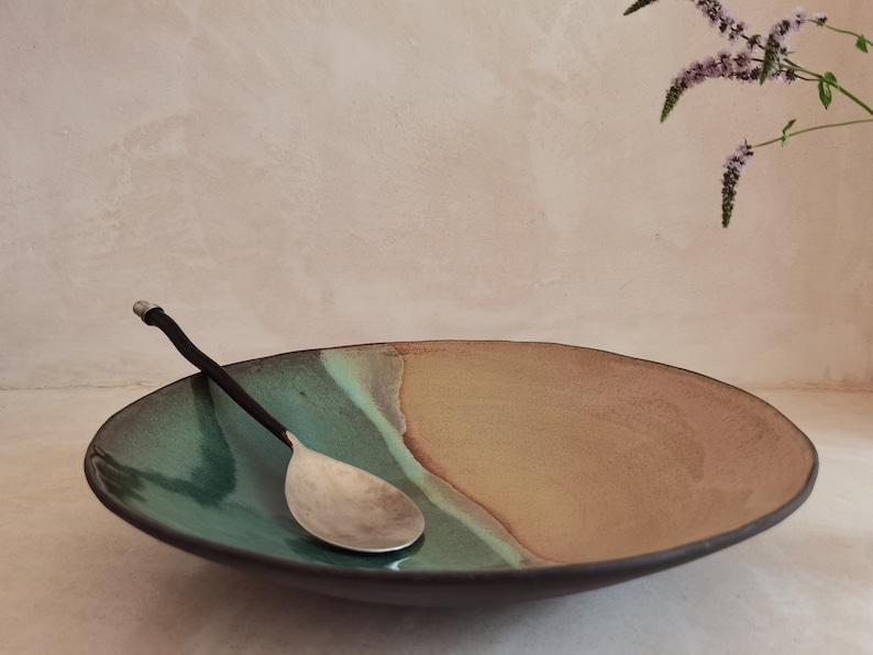 Large Wide Ceramic Bowl ,Large serving dish, Modern ceramic bowl, Beige and turquoise Glaze image 2