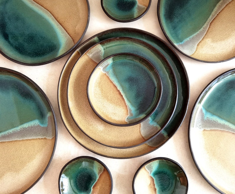 Set of 2 Beige and Turquoise Ceramic Plates ,Beige and Turquoise Plates, Handmade plate, Round Plater image 1