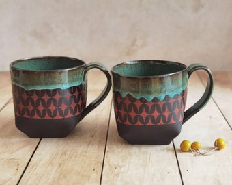 Set of TWO Ceramic mugs,  Turquoise & Red Mugs For Tea lovers, Vintage mugs, Pottery cups, Handmade Pottery with an Handle, Gift for Mom