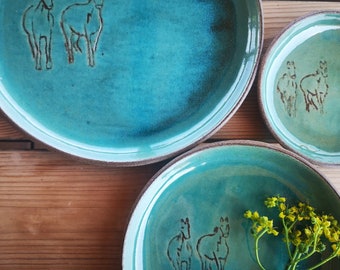Turquoise Plates with Engraved Horse Decorations, Ceramic serving dish set, Pottery serving dish, Handmade plate set