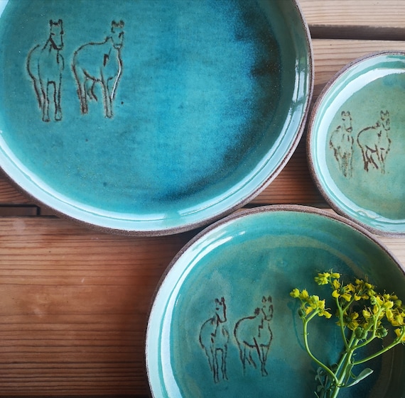 Turquoise Plates with Engraved Horse Decorations, Ceramic serving dish set, Pottery serving dish, Handmade plate set