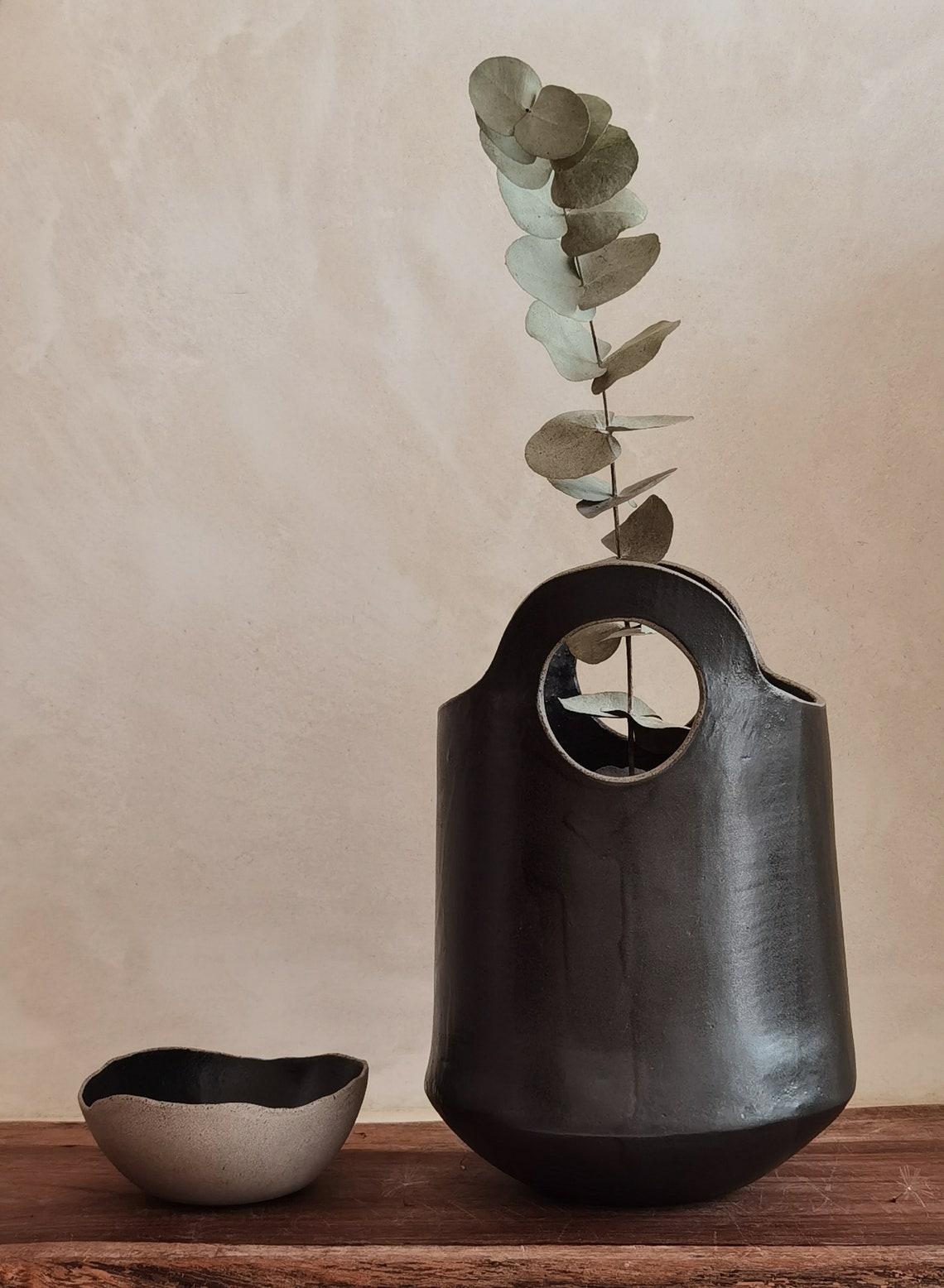 Black Ceramic Vase Tall Pottery Vase with Handles Etsy