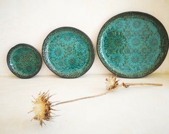 Ceramic serving dish set, Pottery serving dish, Handmade plate set,Turquoise Plates with Flower Decorations Pattern