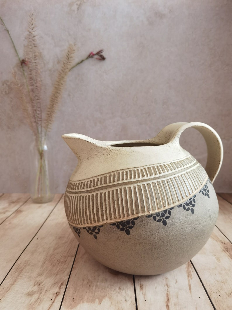 Light Brown Ceramic Pitcher with hand Engraved Decoration and Black Ceramic prints Ceramic Drinkware Pottery Pitcher image 1