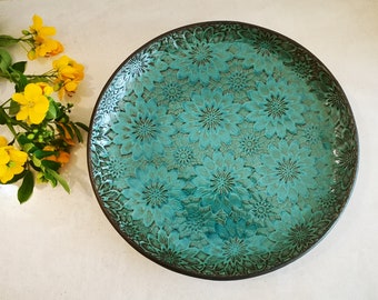 Set of 2 Turquoise Ceramic Plates | Turquoise Plates with Flower Decorations Pattern