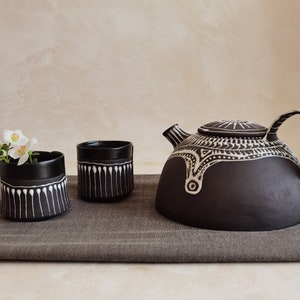Black & White Ceramic Teapot Set, Handmade Tea Cups Set, Teapot Set For Tea lovers, Modern Teapot Set