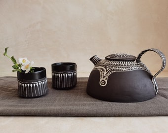 Black & White Ceramic Teapot Set, Handmade Tea Cups Set, Teapot Set For Tea lovers, Modern Teapot Set