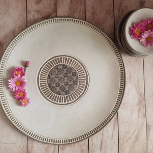 Passover Plate with 6 Small plates with Hebrew ,Beige glazed with black prints. image 2