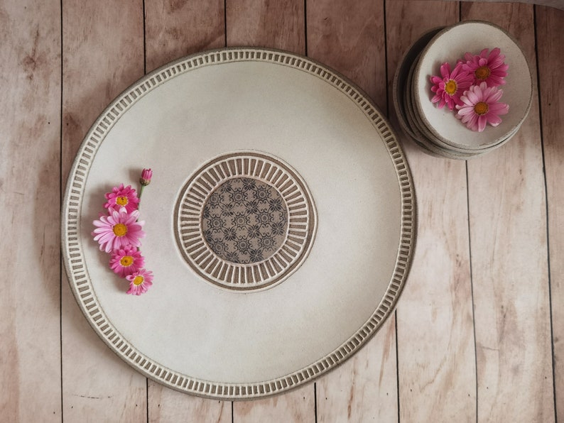 Passover Plate with 6 Small plates with Hebrew ,Beige glazed with black prints. image 2