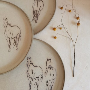 DOS platos grandes de cerámica, decoraciones de caballos, cerámica única, estilo rústico